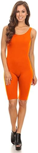 Women Sleeveless Stretch Cotton Skinny Solid Knee Length Sport Active Unitard Bodysuit (& Plus)