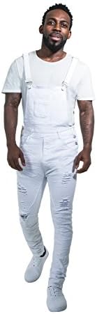 Super Skinny Distressed White Denim Overalls Mens Creased Dungarees Narrow Leg