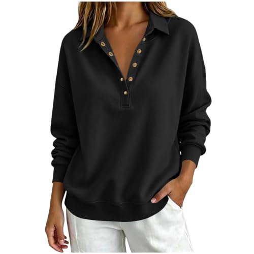 qndjkx Oversized Sweatshirt for Women Plus Size Womens Sweatshirts Collared Polo Long Sleeve Half Button Down Pullover Cotton Loose Casual Plain Fall Sweatshirts for Women Black at Amazon