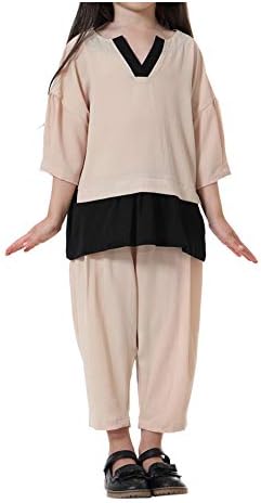 Moberlin Southeast Asian Girls Muslim Islamic Tops and Harem Pants Suit - Children V Neck Shirt Malaysia Ethnic Clothing with Half Sleeves