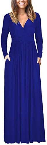 VOGRACE Women's Long Sleeve V-Neck Maxi Dress Casual Long Dresses with Pockets