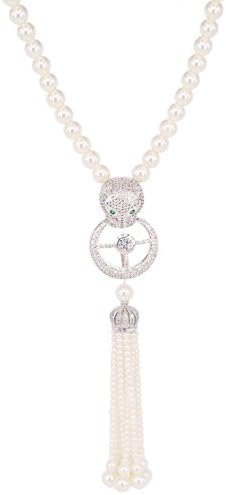 Long Sweater Chain Pearl Strand Necklaces Tassel Leopard Head Pendant Necklace with CZ Statement Necklace (silver)