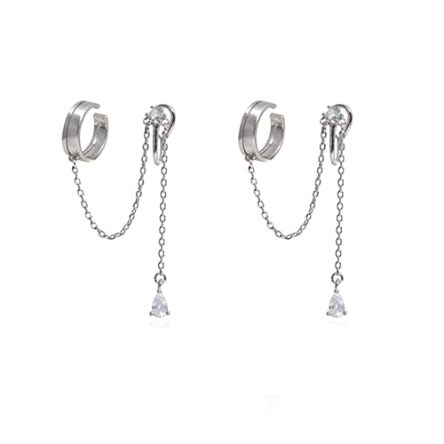 QIAMNI Drop Chain Tassel Diamond Earrings Cuffs Clip for Women Teen Girls 925 Silver Long Chain No-Pierced Hypoallergenic Earring Jewelry (1) (GMN-SE1479)