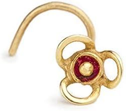 Flower Nose Stud: Gold 14Kt Handmade Nostril Jewelry w/ Red Enamel in 20 Gauge