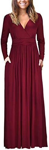 USUASID Womens Long Sleeve V-Neck Wrap Waist Casual Loose Plain Pocket Maxi Dress