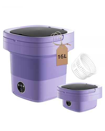 Portable Washing Machine, 16L Small Portable Washer and Dryer Combo Mini Foldable Washing Machine Collapsible Bucket with Drain Basket for Apartment, Underwear, Socks, Baby Clothes (Purple)