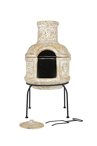 La Hacienda 67048 Star Flower 2 Piece Clay Chimenea with Cooking Grill - Straw - Outdoor Fireplace – Wood Burning with Protective Rain Lid and Solid Metal Stand – Rustic Fire Pit Chimney