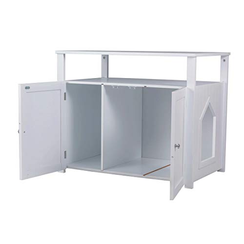 Good Life Double-Door Pet Crate Cat Washroom Hidden Cat Litter Box Enclosure Furniture Cat House Right/Left Side Entrance Selectable with Table Home Nightstand Large Box White Color