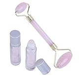 Rose Quartz Massager Facial Roller with Bottles for Essential Oils – Anti-Aging Pink Stone Natural Beauty Healing Skincare Set – Rolling Device for Face, 2 Roller Ball Containers for Oils