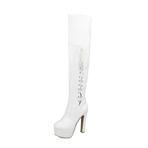 AmoonyFashion Women's Round Closed Toe PU Pull-On High-Heels Above-The-Knee Boots, White, 40 AmoonyFashion Women's Round Closed Toe PU Pull-On High-Heels Above-The-Knee Boots, White, 40