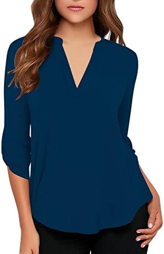 roswear Women's Business Casual V Neck Cuffed Sleeves Work Blouse