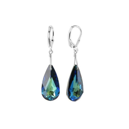 925 Sterling Silver Leverback Drop Earrings with Capri Blue Handmade with Swarovski Crystals