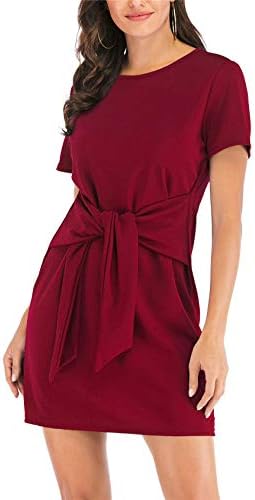 MIDOSOO Womens Casual Round Neck Puff Sleeve Tie Knot Front Solid Pencil Dress