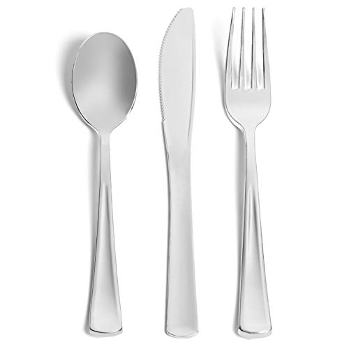 125 Piece Silver Rim Flower Design Dinnerware Set - 25 Guest Tableware Combo Set - Disposable or Reusable - 25 Dinner Plates - 25 Salad Plates or Dessert Plates - 25 Knives - 25 Forks - 25 Spoons - Thumbnail 4