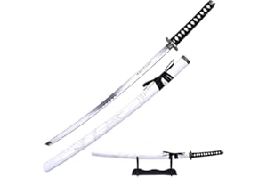 DAMASKERUS 40" Japanese Samurai Sword Katana Carbon Steel Blade Dragon Engraved Wooden Sheath w/ Stand