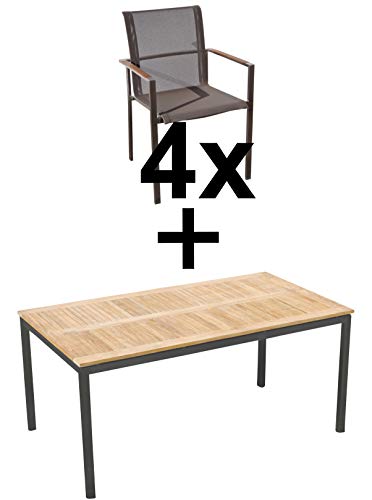 ALEOS. Gartengarnitur Edelstahl Batyline A-Grade Teak Holz Set Tisch 160x90 cm + 4 Sessel mit Batyline Bespannung Serie Kuba-BRAUN Gastroqualität