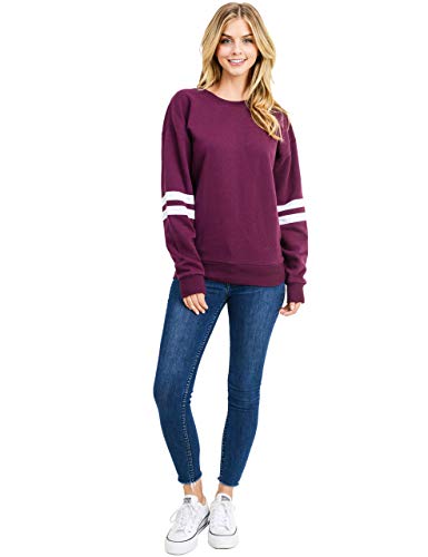 Women's Ultra Soft Fleece Stripe on Sleeves Varsity Solid Sweatshirt, Plum, Medium - Thumbnail 4