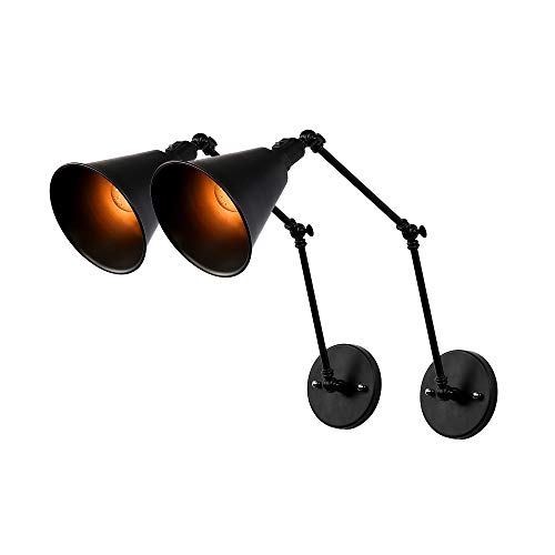 Newrays 2-Pack Industrial Black Swing Arm Wall Lights with Switch Hard Wired for Bedroom Sconce Metal Shade Fixture (Black-B)