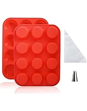 12 Cups Silicone Muffin Pan 2 Pack Cupcake Pan Non Stick Baking Pan with 10 Pastry Piping Bags and 1 Decorating Tip Regular Size Muffin Mold