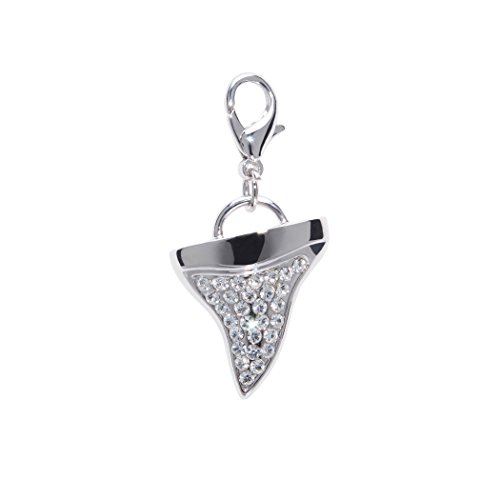 LazyBonezz Pet Charm for Dog and Cat Collars or Leashes - Jewelry that Clasps onto Dog Collars, Silver Bling and Rhinestone Shark Tooth Charm