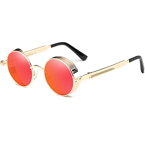 Dollger Vintage Steampunk Retro Metal Round Circle Frame Sunglasses (C2:Red Lens/Gold Frame, 100% UV Protection Lens)