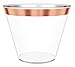 9 oz Rose Gold Rimmed Plastic Wine Glasses for Parties – 100 pack Clear Plastic Cups Match Your Rose Gold Party Decorations for Birthdays, Weddings, Bachelorette Party and Baby Shower