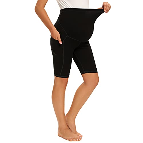 MAZUSPORTS WOMEN’S MATERNITY YOGA SHORTS OVER THE BELLY ACTIVE COMFY BIKER WORKOUT RUNNING ATHLETIC SHORTS SIDE POCKETS (BLACK, XL)