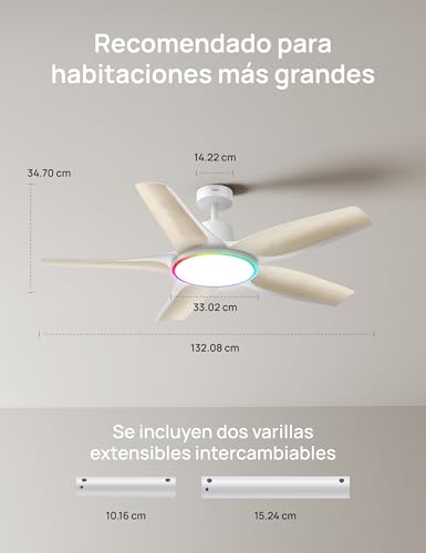 Dreo Low Profile Smart Ceiling Fan with Light 52", Dimmable LED with Adjustable Color Temperature, RGB Ambient Lighting, Quiet DC Motor, Easy Installation, APP, White