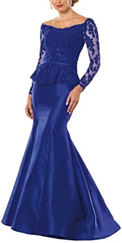 MythLove Women's Mother of The Bride Dress Satin Long Sleeves Trumpet Lace Bodice Zipper Illusion Neck Formal Gown