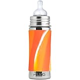 Pura Kiki 11 Oz / 325 Ml Stainless Steel Infant Bottle with Silicone Medium-Flow Nipple &amp; Sleeve, Orange Swirl(Plastic Free, Nontoxic Certified, Bpa Free)
