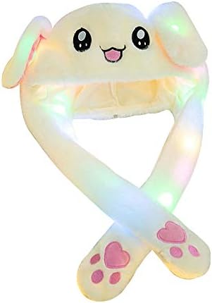 BELUPAID Plush Airbag Rabbit Hat Cute Cap Can Control Ear Beating Funny Bunny Cartoon Warm with Colorful LED Light Toy Hat for Girls (White)