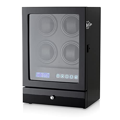 Automatic Watch Winder with Storage Drawer, LED Light and LCD Touchscreen Control (Black + Black)