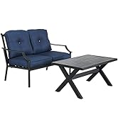 LOKATSE HOME 2 Pieces Outdoor Patio Conversation Furniture Metal Bench Sofa Set Loveseat with Cus...