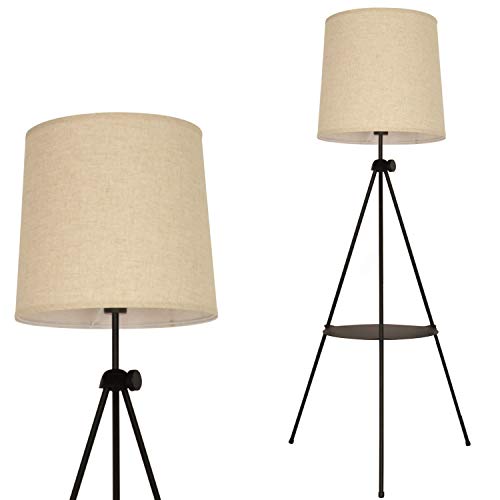 LUSTORM 1 Tripod Floor Lamp Black with Shelves Beige Linen Lampshade