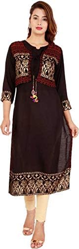 SS Fashions Women's Rayon Printed Straight Kurti with Jacket (Black)