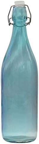 Glass Water Bottle with Top Secure Stopper Blue Color 1 Liter/33 Oz