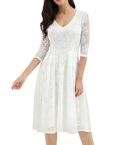 Noctflos Elegant White Lace Half Sleeves Midi Cocktail Dress for Women