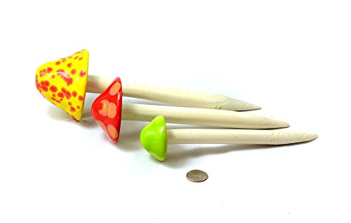 Mushroom Ceramic Garden Stakes - 3 Handmade Outdoor Ornament Decor - Made In USA - Toadstools for Lawns, Planters, Gardens, & Yards. Colors: Yellow, Red, Light Green