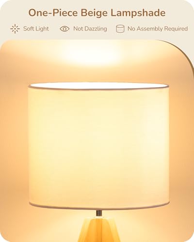 EDISHINE Lámpara mesa bonita trípode madera estilo mid-century, pantalla lino, para dormitorio, guardería, UL certificada, 14,2 pulg, interruptor on/off