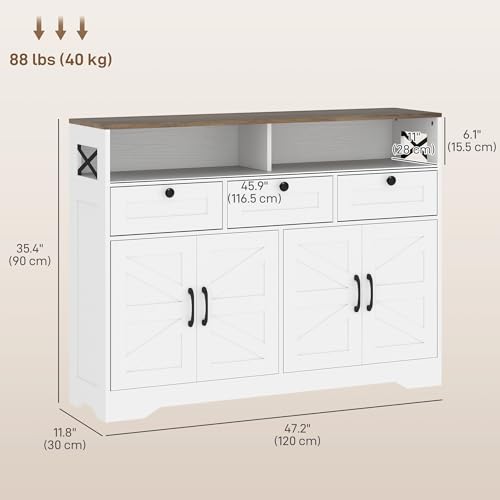 HOMCOM Sideboard Buffet Cabinet, 47" Farmhouse Kitchen Storage Cabinet with 4 Barn Doors and 3 Drawers, Coffee Bar Station with 2 Adjustable Shelves, 2 Open Shelves, White