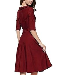 ELESOL Vestido de mujer con cuello en V y media manga, plisado, acampanado