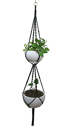 Macrame Plant Hanger & Holder, Hanging Planter 4 Legs Double Deck For 8 inch to 10 inch Two Pots Indoor Outdoor Hanging Planter Hemp Rope 67 Inch with Metal ring (Cotton-Black)