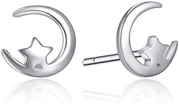 Sterling Sliver Stud Earrings Tiny Star And Crescent Moon Polished Charms Birthday Gifts Valentine's Day Gifts for Women Girlfriend Wife Mom Daughter Sister Anniversary Gifts for Her Fashion Jewelry