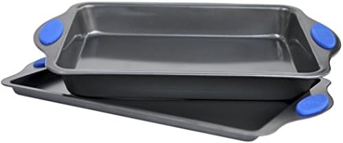 Set Of Baking Pans - Large Roaster &amp; Cookie Sheet Non Stick Carbon Steel Metal With Blue Silicon Handles