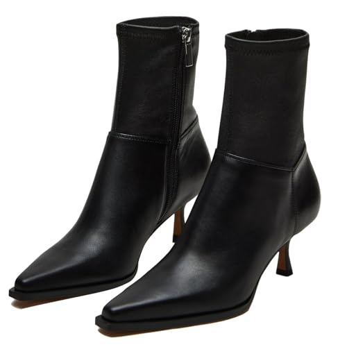 SOVANYOU Women's Dressy Ankle Boots Pointed Toe Kitten Heel Booties with Side Zipper Stylish Comfortable Black Short Boots