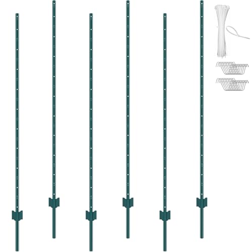 VEVOR 6 Feet U-Channel Metal Fence Post, 6 Pack With 24 Zip Ties & 12 Clips, St…
