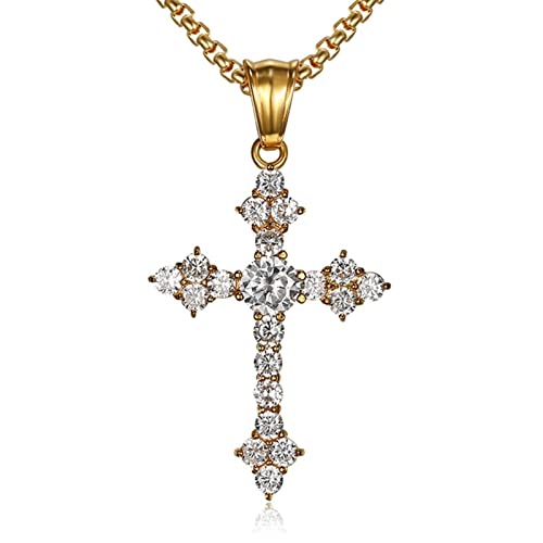 Ropartman Silver Cross Necklace for Women, [ 5A Cubic Zirconia ] 14K Gold Plated Stainless Steel Cross Pendant for Women, 19
