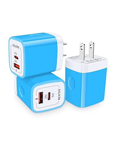 3Pack Dual Port USB-C Charger Block, AILKIN 20W Power Delivery + QC3.0 USB A Double Port Fast Charging Block for iPhone 16e 16 16Pro 15 14 13 12 Pro Max Cube, Quick Charge USBC Box Wall Brick Plug