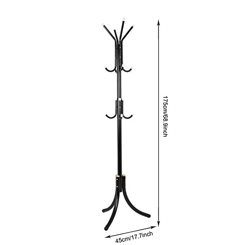 Fashine Metal Entryway Coat Rack Hat Hanger Holder Display Stand Hall Tree with 12 Hooks, Tripod Base for Umbrella Purse Handbag Jacket Scarf (US Stock) (Black) - Thumbnail 4