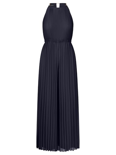 APART Fashion Damen Plissee-Overall, Chiffon-Neckholder-Overall, weites Bein, elastischer Bund, Kettenriemen-Detail, Abendparty-Outfit, stilvolles Hochzeitsgastkleid